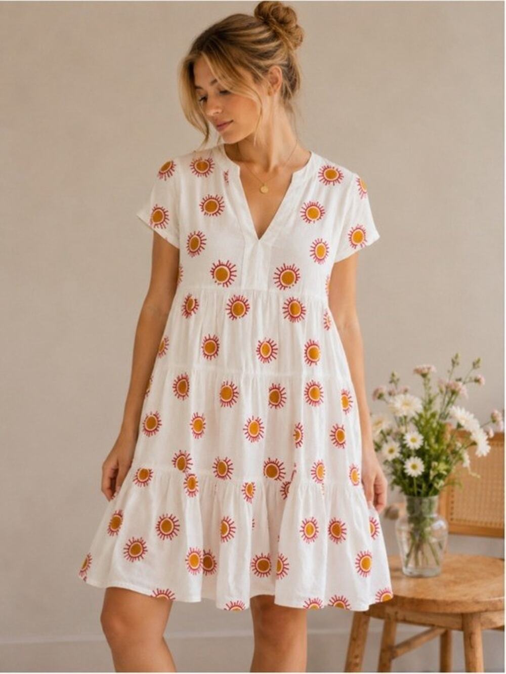 Maeve Anthropologie Linen Cotton Sun Motifs Embroidered Tiered Dress Sz XS